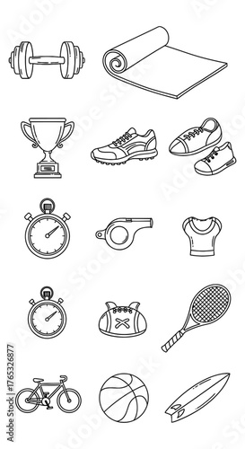 Collection of Sports and Fitness Equipment Icons for Healthy Lifestyle and Recreation