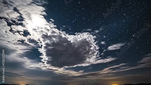 Dramatic night sky filled with stars and swirling clouds illuminated by moonlight