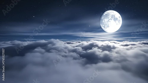Full moon illuminates a sea of clouds under a starry night sky
