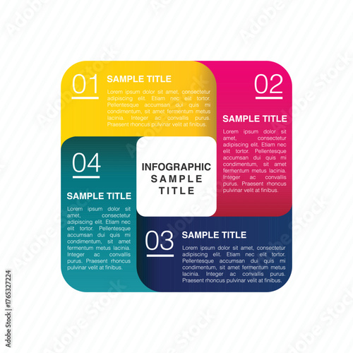 Four interconnected square infographic blocks with rounded corners numbered 1 to 4 displaying sample text and titles for business or education