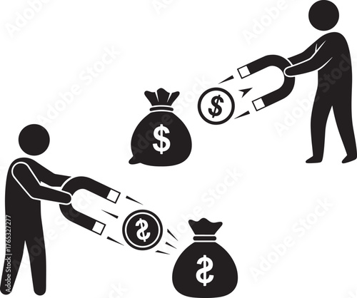 Two silhouettes attracting money bags and coins with magnets