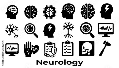 Neurology Vector Icons Set – Brain, Nerve, and Neuroscience Medical Symbols Silhouette