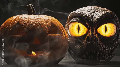 Spooky Halloween pumpkin with glowing eyes and a mysterious creature in dark, foggy atmosphere.