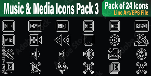 Music and Media editableIcon set  Advanced Playback and Features including HD, DVR, HQ, 5K, 6K, new content, pinning, recording, volume controls, and  suitable for modern media application
