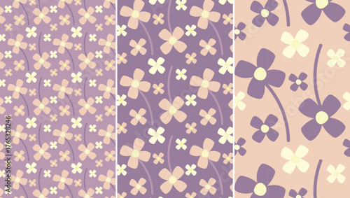 Minimal pastel tossed abstract floral seamless pattern in lavender and peach variations