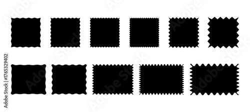 A set of frames with jagged, wavy edges, black silhouette of geometric shapes, vector illustration. Square, rectangular empty element, shape for design, decorations, borders with a place for text