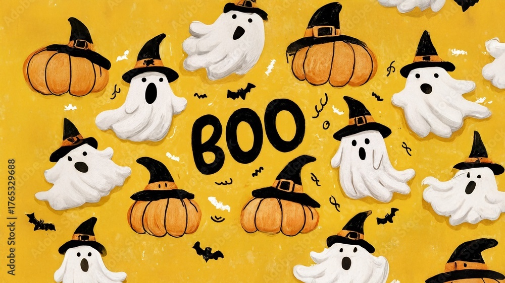 Fototapeta premium Vibrant Halloween wallpaper featuring cute ghosts in witch hats, pumpkins, bats on yellow background. Perfect for seasonal decor, cards, prints. Trendy, spooky, marketable design