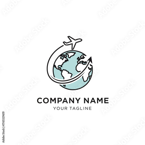 A minimalist logo featuring an airplane circling the globe, symbolizing travel and global connectivity.