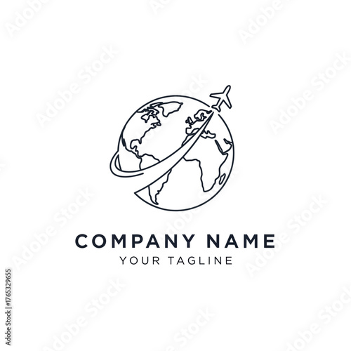 A minimalist line art logo of an airplane circling a globe, representing global travel and business.