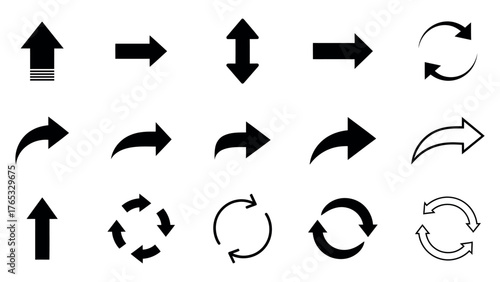 Collection of various black arrow icons on white background