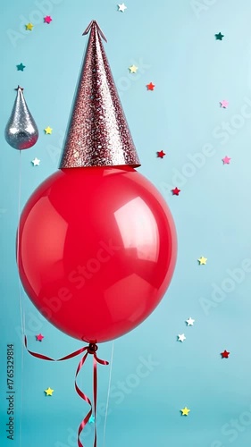 Red birthday balloon wearing cone carnival hat for celebration with confetti on the blue background