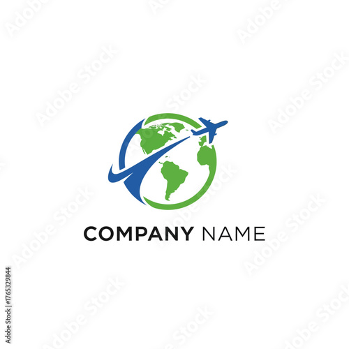 A stylized logo featuring a blue airplane flying around a green globe with a swooshing blue line.