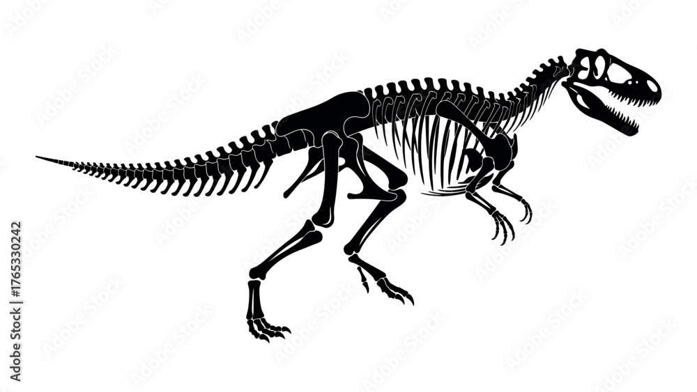 Fototapeta premium Black Silhouette of Dinosaur Skeleton on White Background