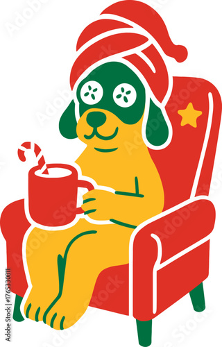 A relaxed funny syle dog sitting in a Christmas-decorated spa chair