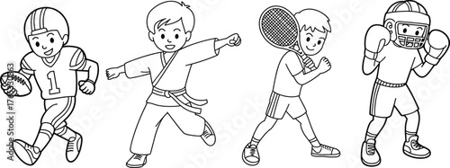 Boys sports illustration, kids athletic drawing, football martial arts tennis boxing sketch, childhood fitness artwork, educational sports graphic, active lifestyle art