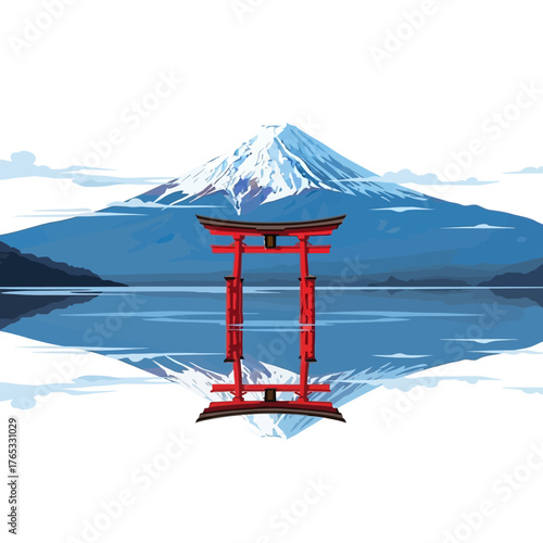 A serene Japanese landscape featuring Mount Fuji and a red Torii gate with its reflection in the water.