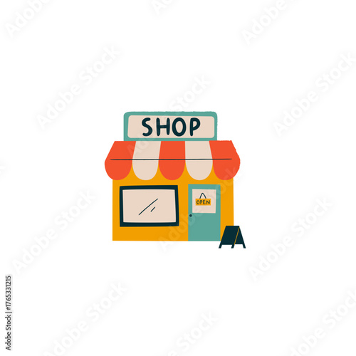 Charming shop facade with awning, perfect for illustrating small business dreams or local retail ventures, ideal for branding and marketing materials