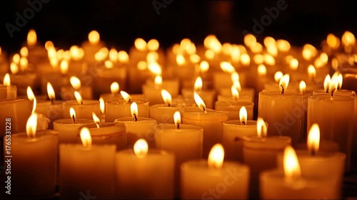 Wallpaper Mural A serene display of numerous lit candles arranged closely together, casting a warm glow in a dimly lit environment, creating a peaceful ambiance perfect for meditation or reflection Torontodigital.ca