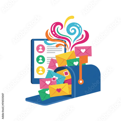 Colorful mailbox overflowing with emails and digital notifications  