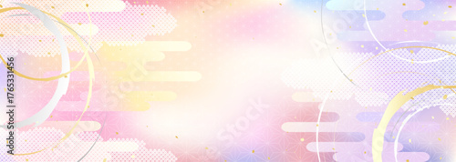 空のグラデーションと日本の伝統的な模様を組み合わせた和風背景イラスト