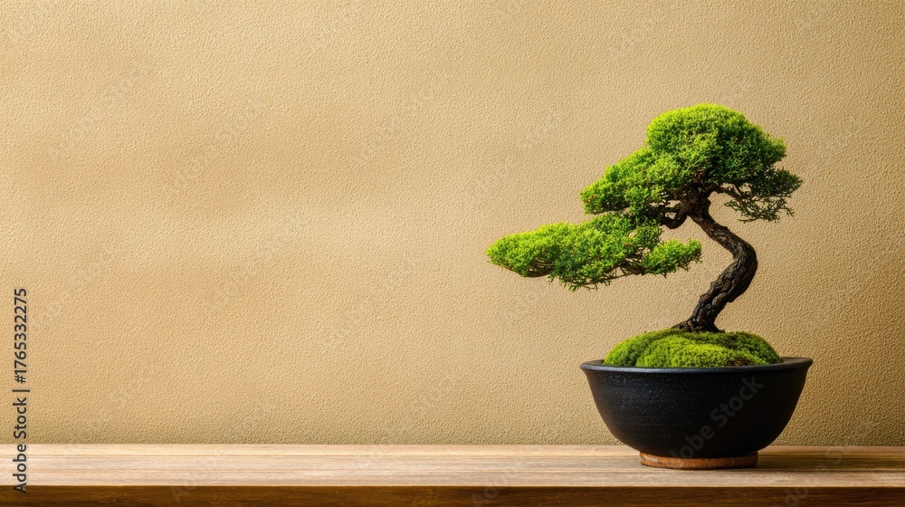 Fototapeta premium Serene Bonsai Tree in Black Pot with Lush Green Foliage Against Simple Tan Background