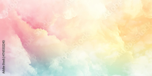 Fantasy magical sunny sky pastel background with colorful cloudy sky, fluffy white cloud. Freedom concept. Sun and clouds background with a soft pastel color. Vector illustration.