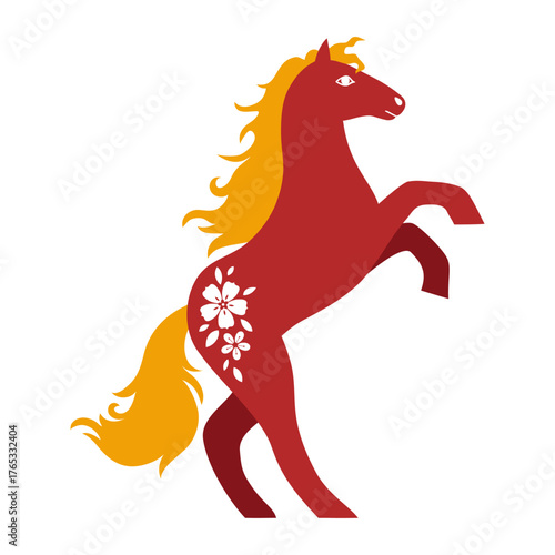 Chinese red horse rearing up with flowing golden mane and floral design. Hand drawn vector illustration.