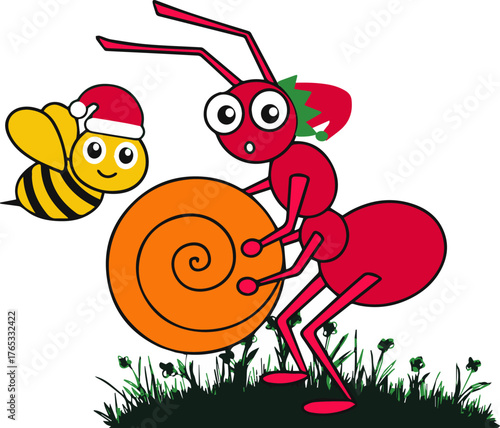 Cute cartoon insect illustration vector of a bee and flower with a funny ladybug and ant flying through nature