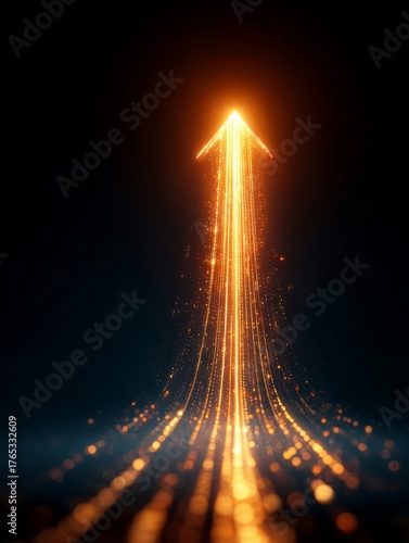 Glowing arrow rising displaying progress and technological growth