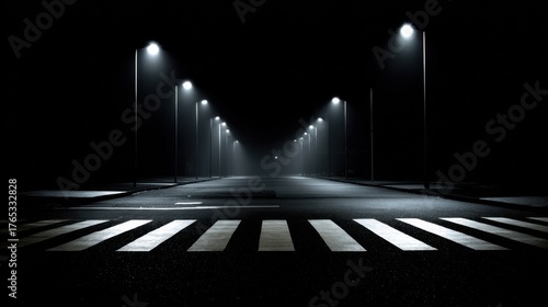 Dark Urban Street with Streetlights and Crosswalk at Night in Moody Atmospheric Setting