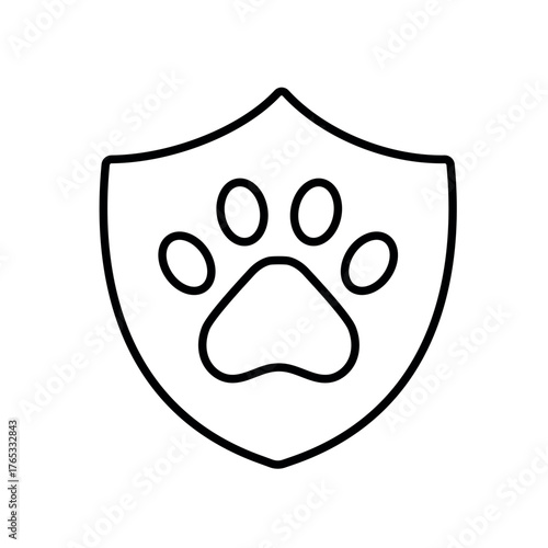 A vector icon of a shield with a paw, representing insurance protection for pets, created in line style with editable stroke