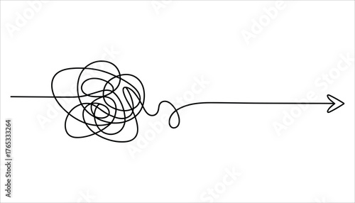 Black tangled line transforming into a straight arrow on white background messy