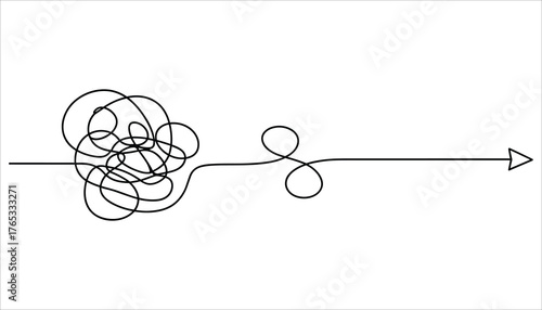 Black tangled line transforming into a straight arrow on white background line art messy