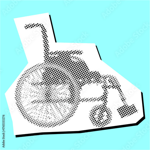 Wheelchair halftone dotted collage element pointillize in paper torn vector. Symbolizes accessibility, disability, and special needs with a fragmented, artistic, and vintage aesthetic.