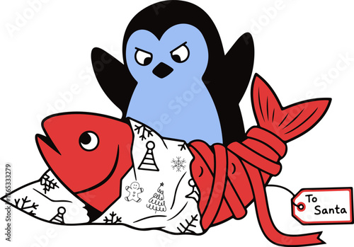 A penguin attempts to give a fish as a Christmas gift.

