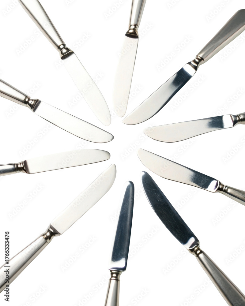 Fototapeta premium Elegant silverware knife collection in circular pattern on transparency background. Sharp steel cutlery creating dangerous abstract design