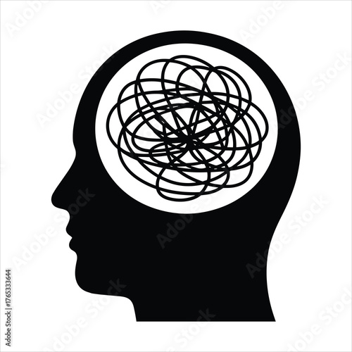 Black silhouette of a human head profile with tangled lines inside the brain area mind