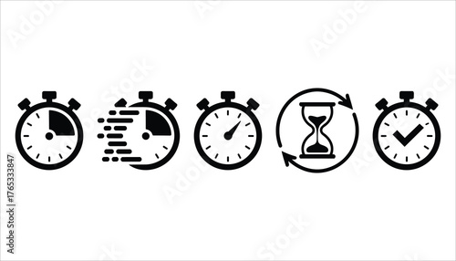 Set of five black icons representing time stopwatch hourglass and checkmark stopwatch icon timer icon