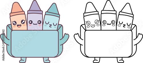 Cute kawaii crayons in a box with happy faces and a coloring page outline