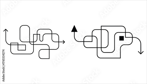Black abstract lines and arrows on white background representing complexity and direction vector