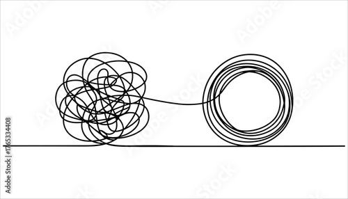Tangled black line transforming into neat circle on white background abstract chaos