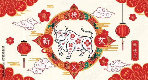 Celebrate vibrant Chinese New Year with festive ox design and traditional lanterns for a prosperous year