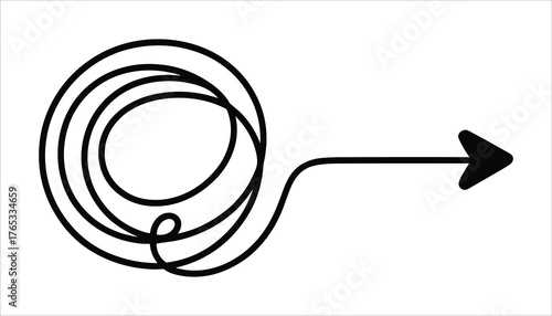 Black tangled line emerging from circle forming an arrow on white abstract confusion