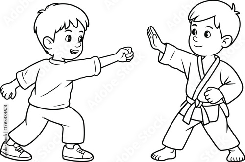 Children martial arts illustration, kids sparring drawing, sports activity sketch, childhood discipline artwork, fitness graphic, educational art, playful training design, exercise symbol