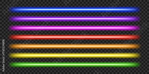 Neon light lamp set. Rainbow colors laser led lights collection. Horizontal beam with transparency effect illustration