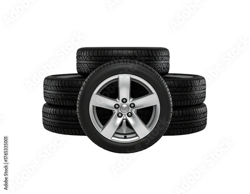 Stack of tires w/ silver five-spoke wheel, black background