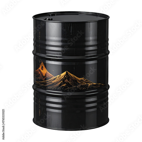 Glossy black barrel featuring mountain illustration
