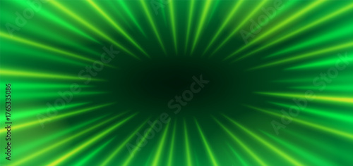 Green neon radial ray background. Abstract light burst effect. Speed motion backdrop