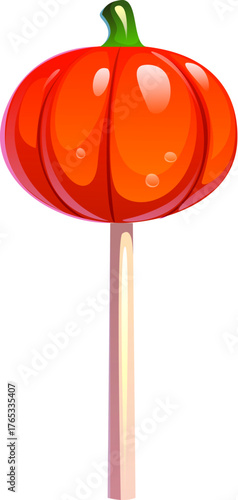 Cartoon Halloween sweet lollipop candy shaped like a pumpkin with a green stem on a white stick. Cute holiday dessert for kids, sweet spooky treat for trick or treat. Vector orange lollipop candy