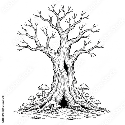 An old tree without leaves and only a trunk and some mushrooms around the old tree